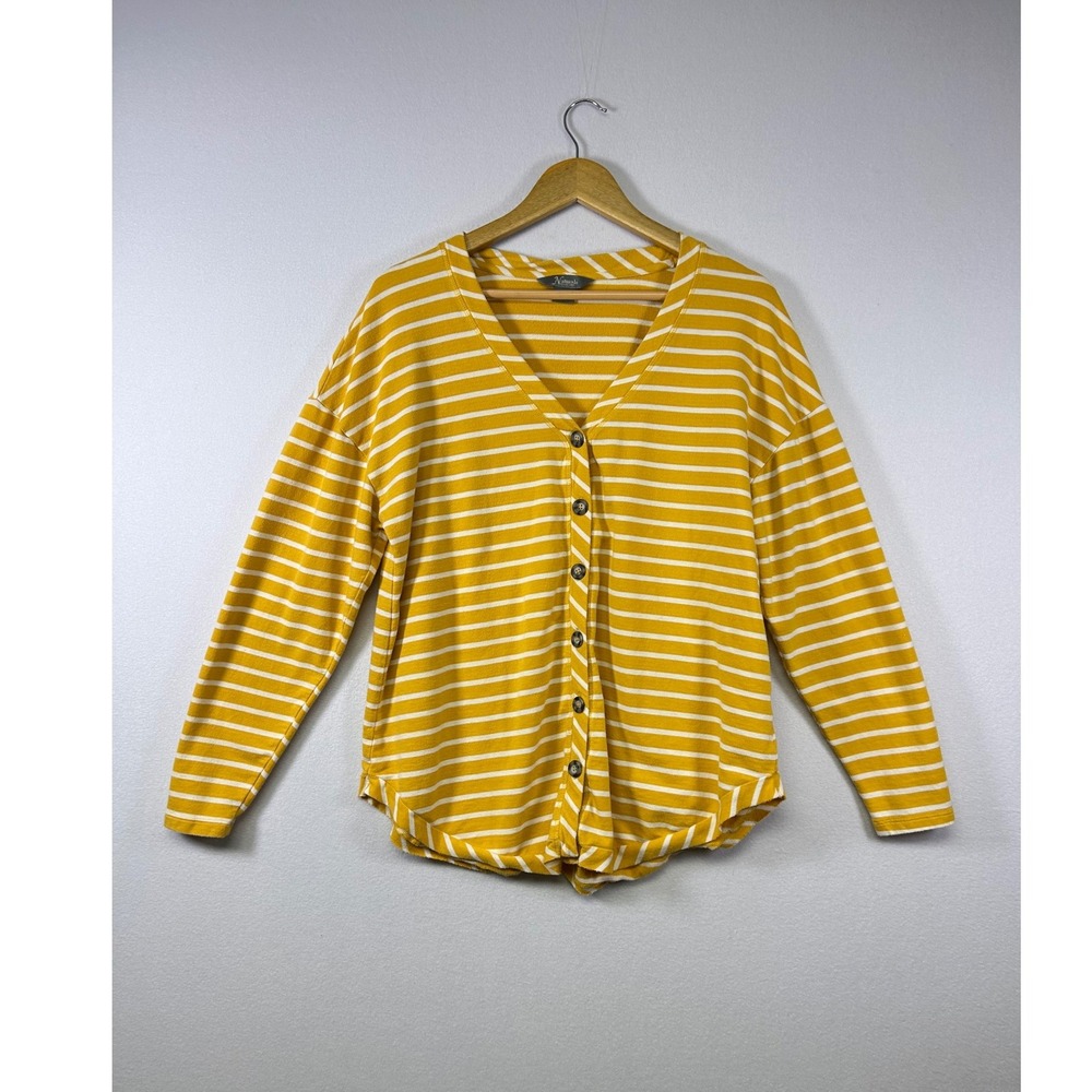 Natural Reflections Cardigan Women L Yellow White Striped V-Neck Button Front